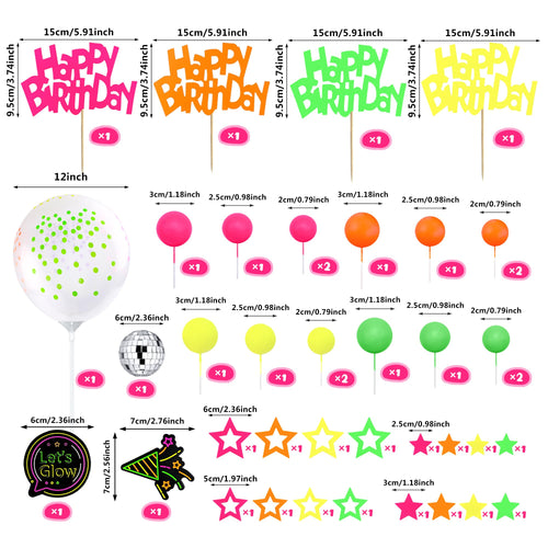 40-Piece Glow Cake Topper Set – SPFYunion Neon Birthday Decor with Disco Ball, Stars, and Balloons for Black Light Parties
