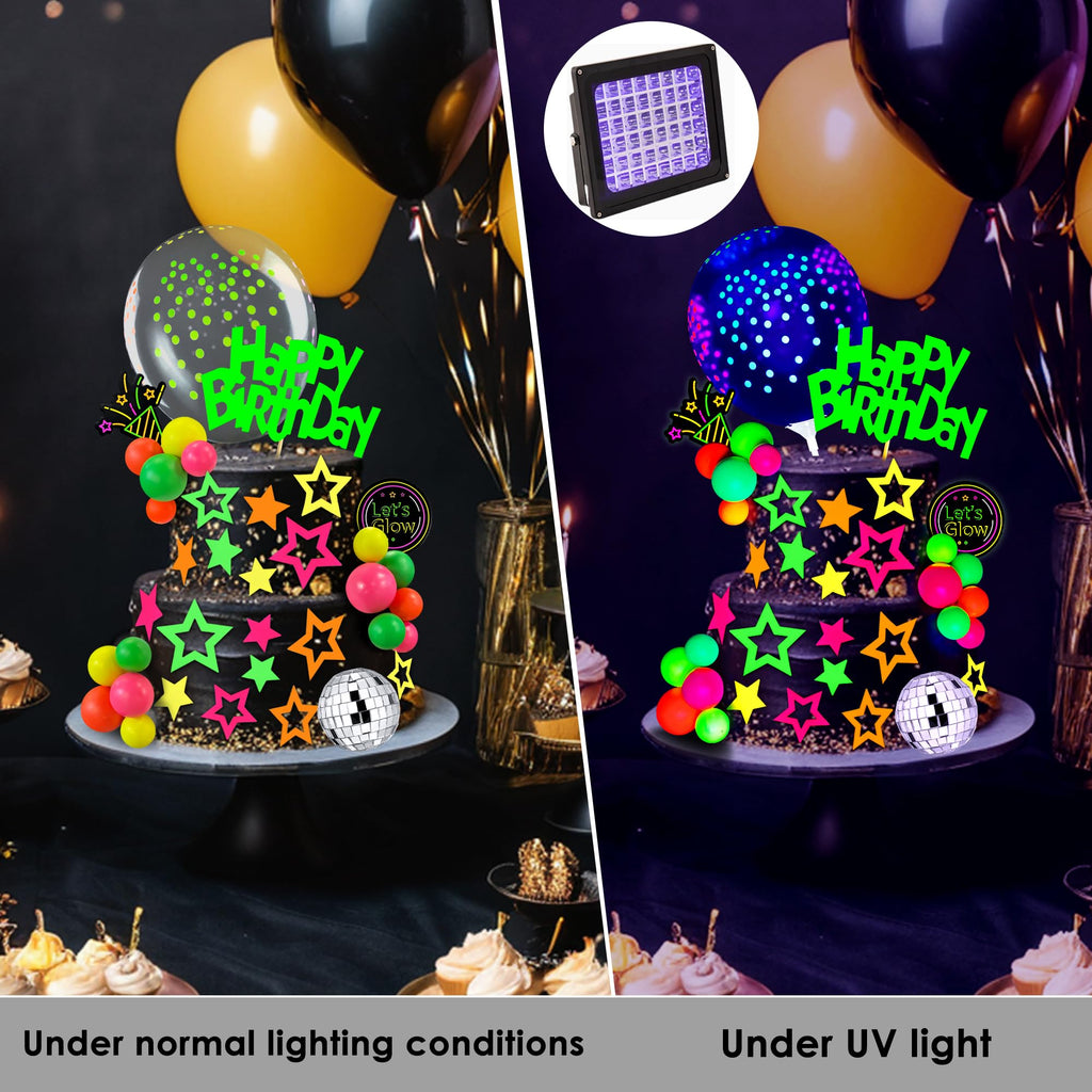 40-Piece Glow Cake Topper Set – SPFYunion Neon Birthday Decor with Disco Ball, Stars, and Balloons for Black Light Parties