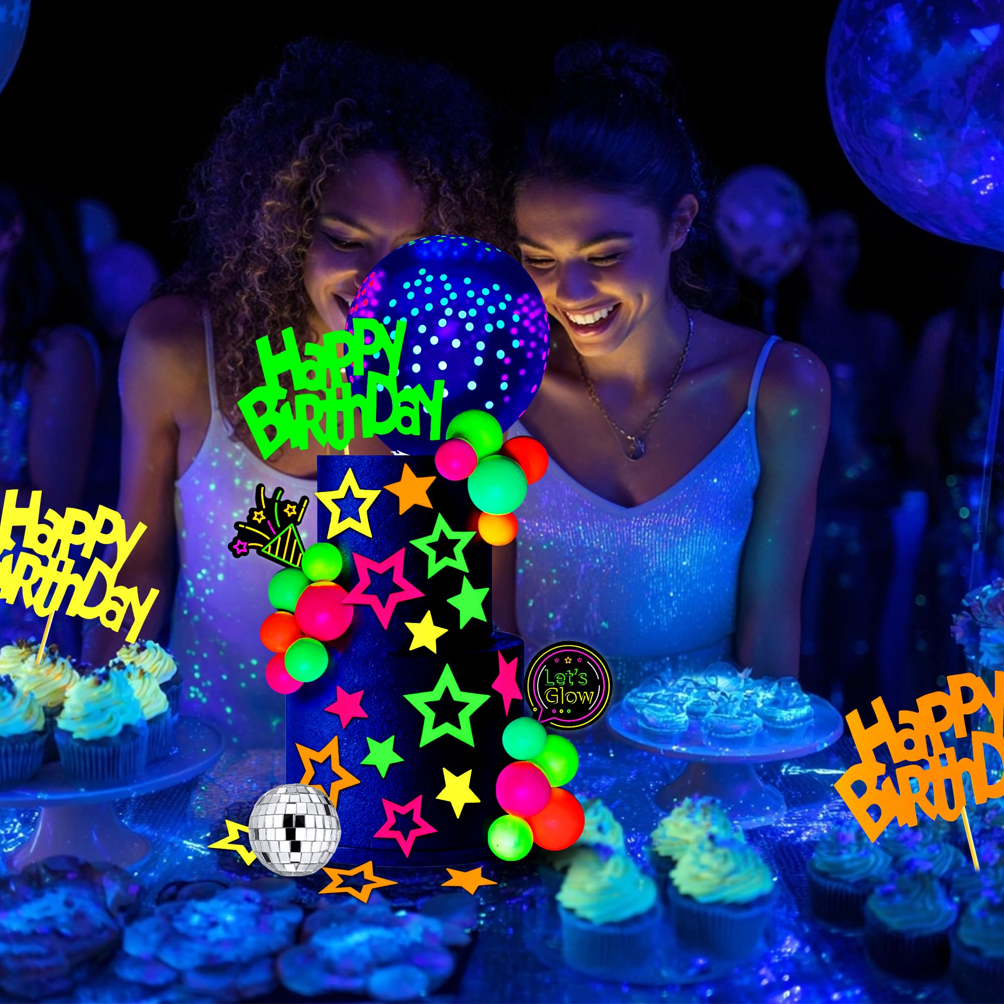 40-Piece Glow Cake Topper Set – SPFYunion Neon Birthday Decor with Disco Ball, Stars, and Balloons for Black Light Parties