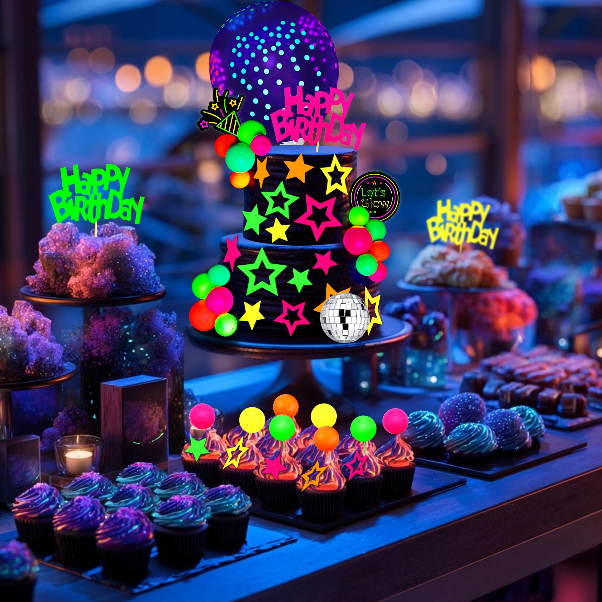 40-Piece Glow Cake Topper Set – SPFYunion Neon Birthday Decor with Disco Ball, Stars, and Balloons for Black Light Parties