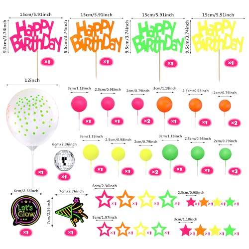 40-Piece Glow Cake Topper Set – SPFYunion Neon Birthday Decor with Disco Ball, Stars, and Balloons for Black Light Parties