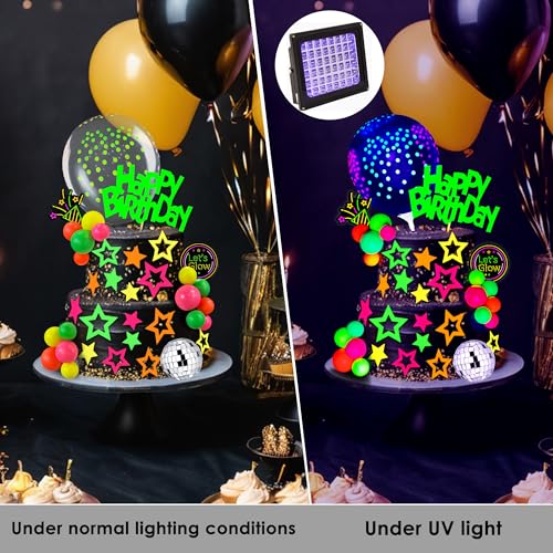 40-Piece Glow Cake Topper Set – SPFYunion Neon Birthday Decor with Disco Ball, Stars, and Balloons for Black Light Parties