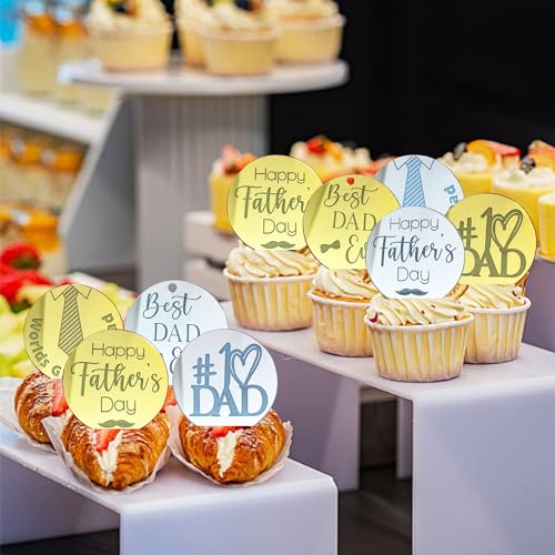 40 Pieces Father's Day Acrylic Cupcake Toppers – Gold & Silver Mirror Heart and Round Designs