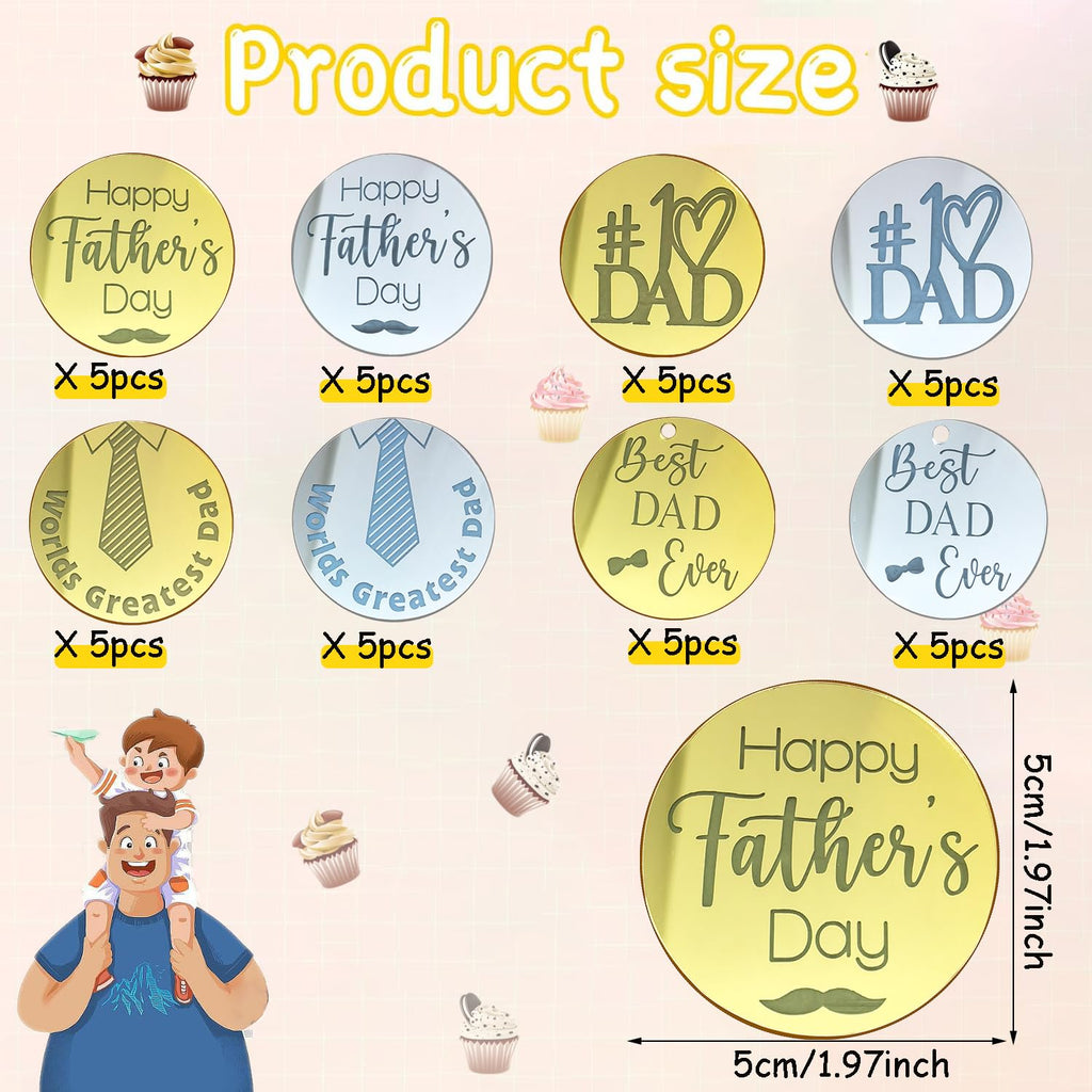 40 Pieces Father's Day Acrylic Cupcake Toppers – Gold & Silver Mirror Heart and Round Designs