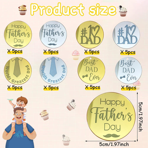 40 Pieces Father's Day Acrylic Cupcake Toppers – Gold & Silver Mirror Heart and Round Designs