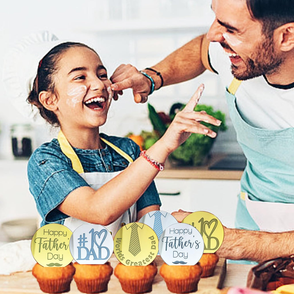 40 Pieces Father's Day Acrylic Cupcake Toppers – Gold & Silver Mirror Heart and Round Designs