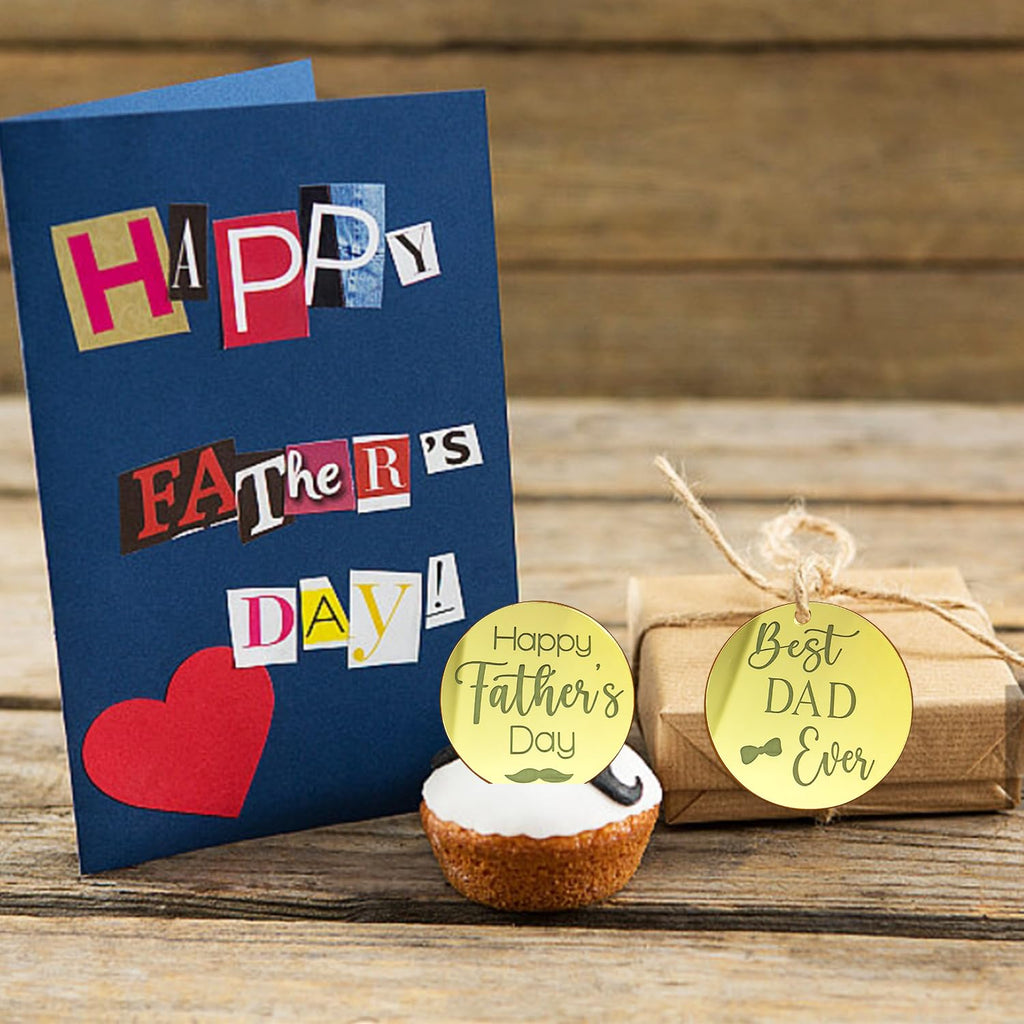 40 Pieces Father's Day Acrylic Cupcake Toppers – Gold & Silver Mirror Heart and Round Designs