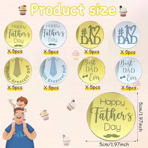 40 Pieces Father's Day Acrylic Cupcake Toppers – Gold & Silver Mirror Heart and Round Designs