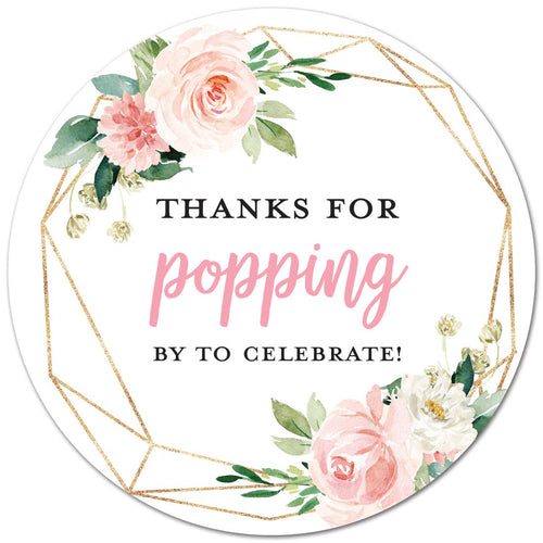 40 Pink Floral Popcorn Favor Stickers - Thanks for Popping By!