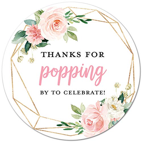 40 Pink Floral Popcorn Favor Stickers - Thanks for Popping By!