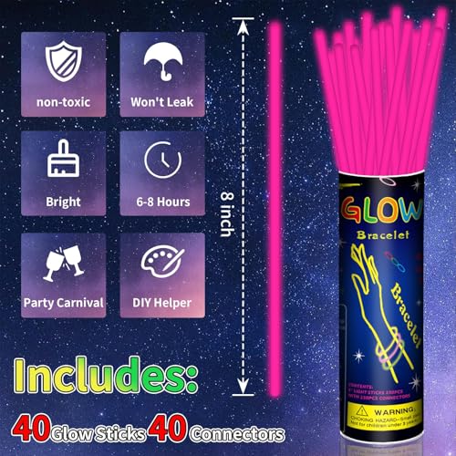 40 Pink Glow Sticks Bracelets & Necklaces Bulk Set with Connectors for Parties