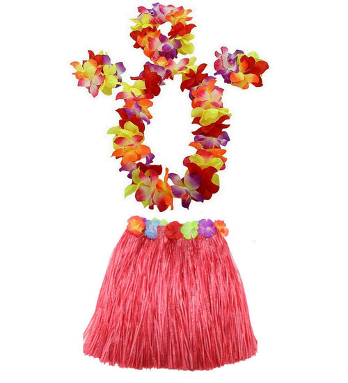 40cm Double-Layer Hula Grass Skirt Set for Kids with Flower Lei, Headband & Bracelets – Luau Party Costume