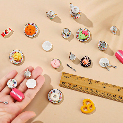 41 Pieces Miniature Dollhouse Kitchen Accessories Set - Porcelain Tea Cups, Plates, Cutlery & Resin Desserts for 1:12 Scale
