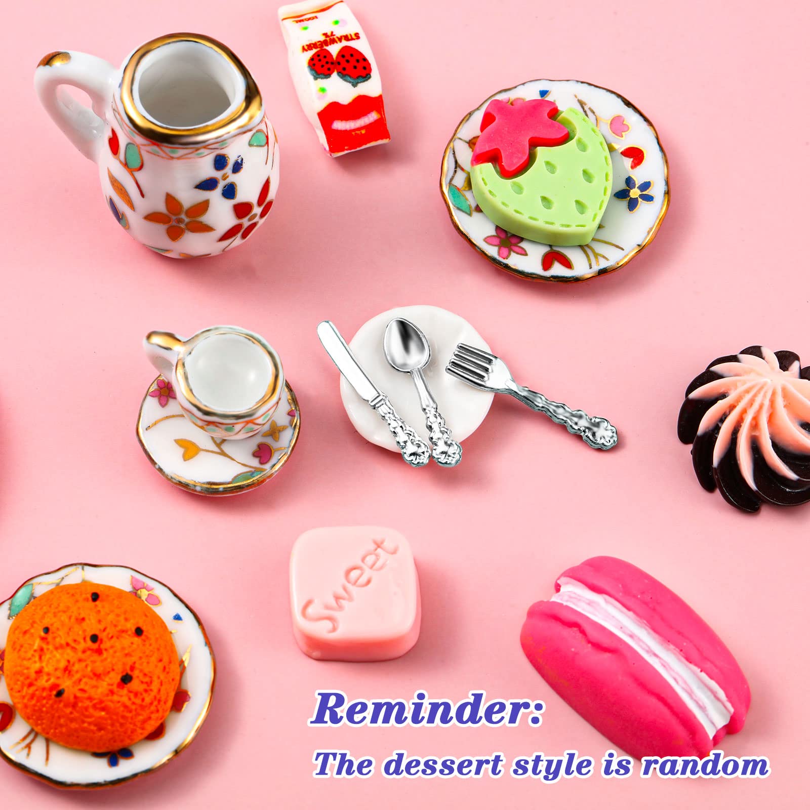 41 Pieces Miniature Dollhouse Kitchen Accessories Set - Porcelain Tea Cups, Plates, Cutlery & Resin Desserts for 1:12 Scale