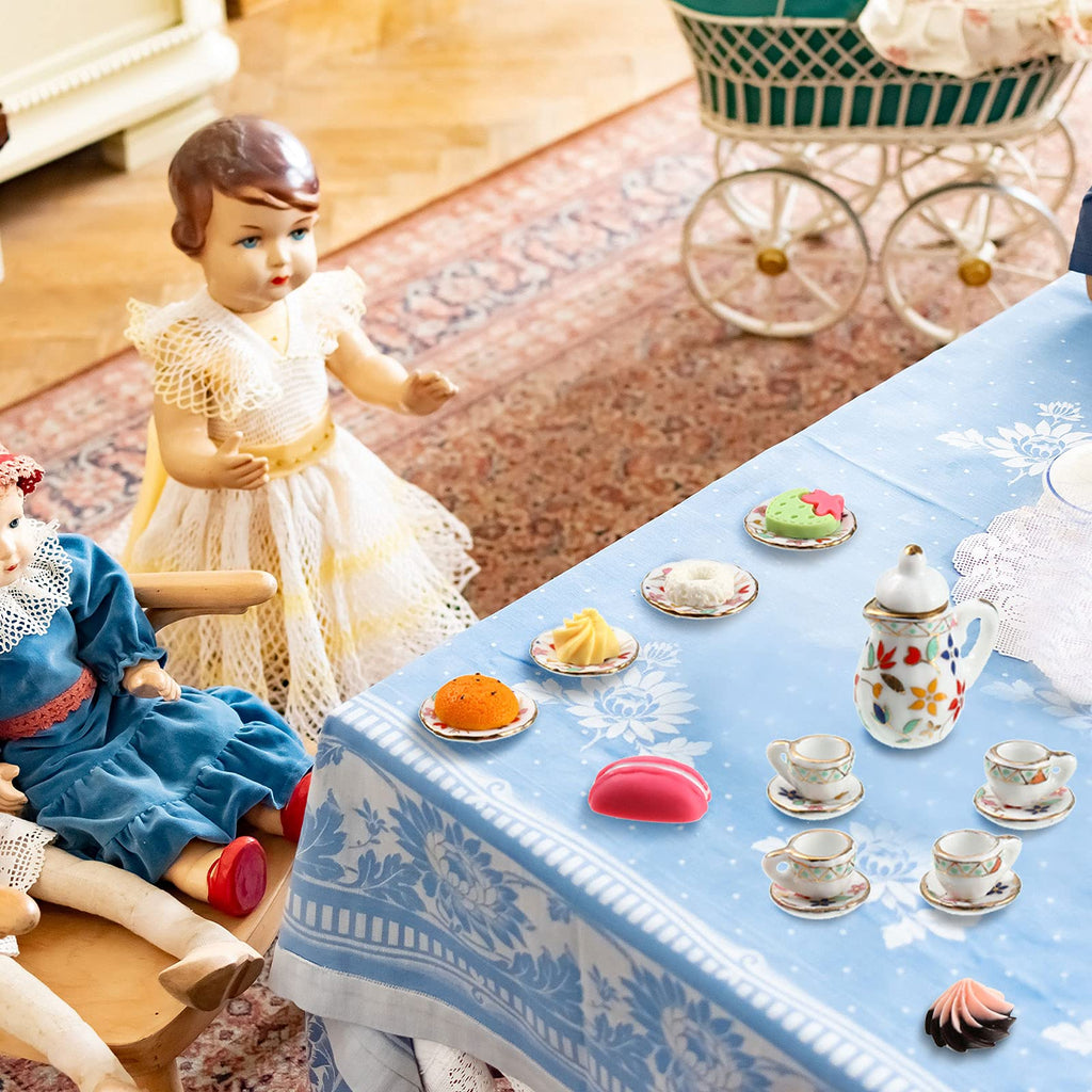 41 Pieces Miniature Dollhouse Kitchen Accessories Set - Porcelain Tea Cups, Plates, Cutlery & Resin Desserts for 1:12 Scale
