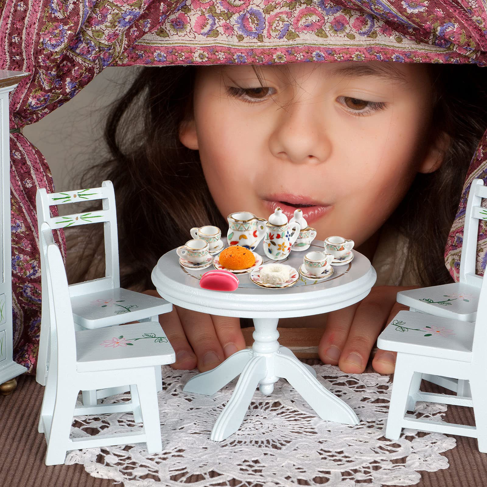 41 Pieces Miniature Dollhouse Kitchen Accessories Set - Porcelain Tea Cups, Plates, Cutlery & Resin Desserts for 1:12 Scale