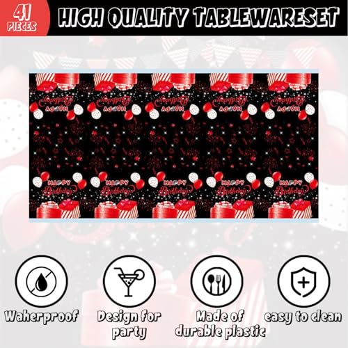41pcs Black and Red Party Supplies Set – Plates, Napkins & Tablecloth for 20 Guests