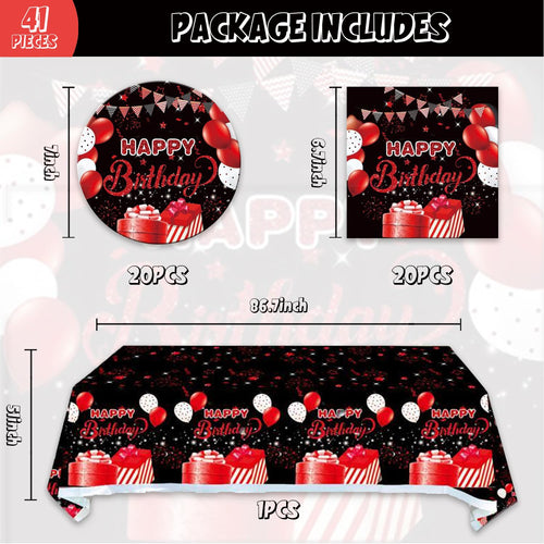 41pcs Black and Red Party Supplies Set – Plates, Napkins & Tablecloth for 20 Guests