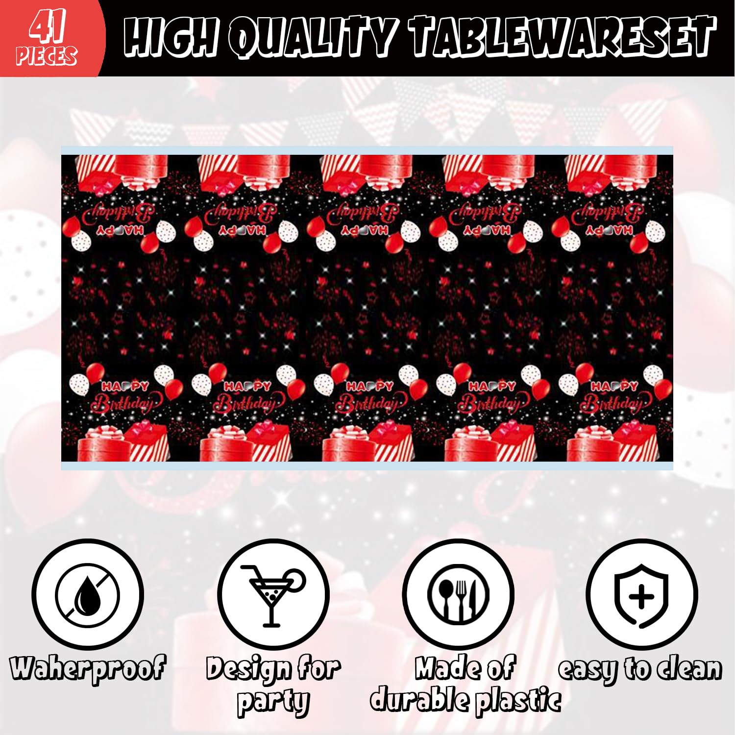 41pcs Black and Red Party Supplies Set – Plates, Napkins & Tablecloth for 20 Guests
