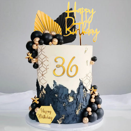 44-Piece Black and Gold Cake Topper Set with Balls, Palm Leaves, Acrylic Numbers 0-9 for Birthday Party Supplies