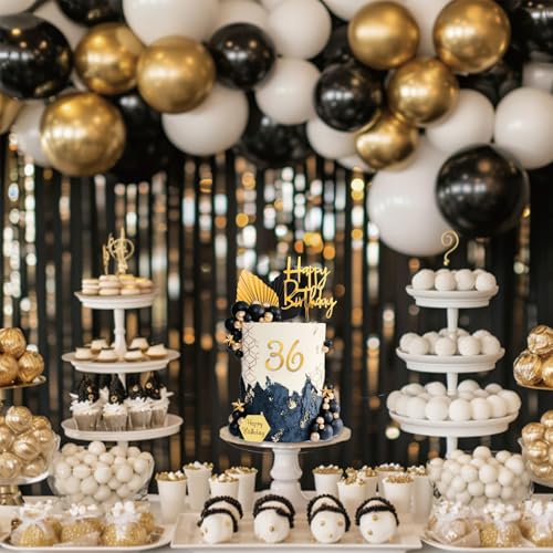 44-Piece Black and Gold Cake Topper Set with Balls, Palm Leaves, Acrylic Numbers 0-9 for Birthday Party Supplies
