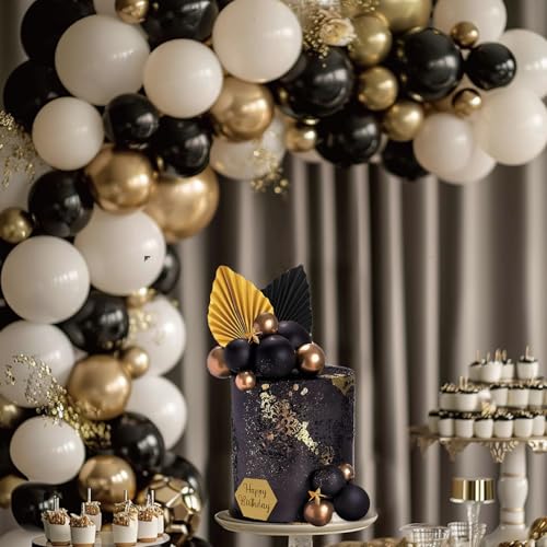 44-Piece Black and Gold Cake Topper Set with Balls, Palm Leaves, Acrylic Numbers 0-9 for Birthday Party Supplies