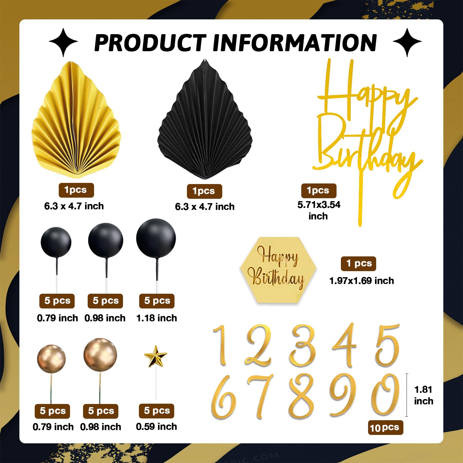 44-Piece Black and Gold Cake Topper Set with Balls, Palm Leaves, Acrylic Numbers 0-9 for Birthday Party Supplies