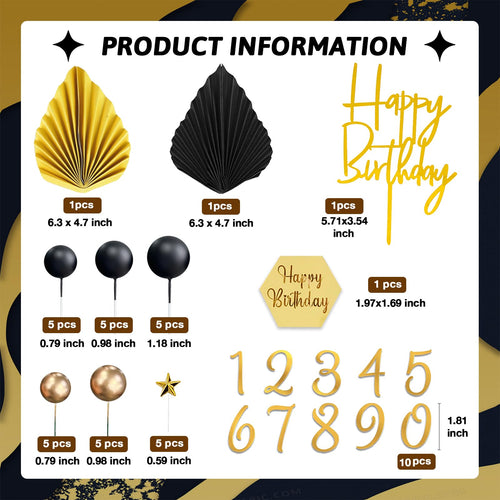 44-Piece Black and Gold Cake Topper Set with Balls, Palm Leaves, Acrylic Numbers 0-9 for Birthday Party Supplies