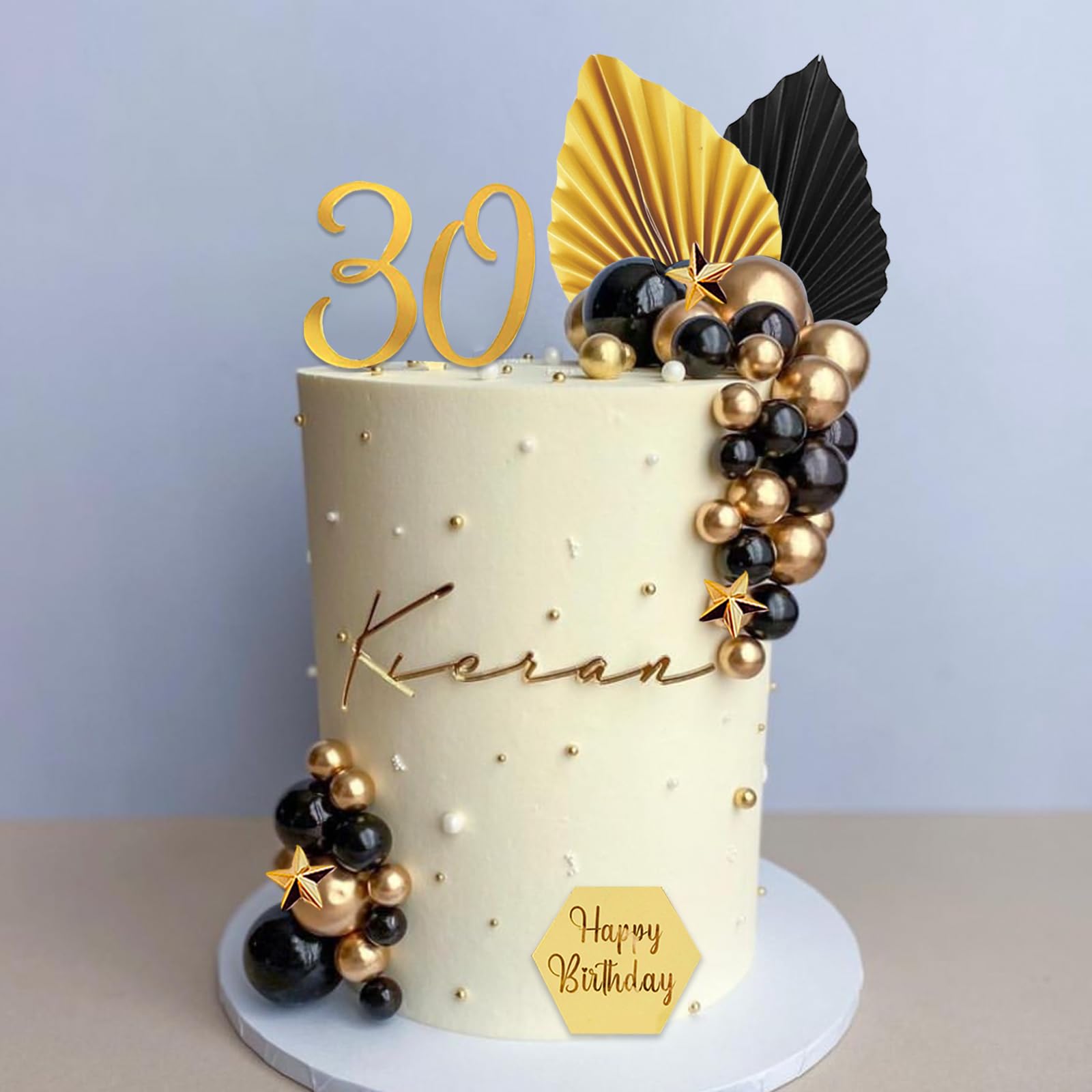 44-Piece Black and Gold Cake Topper Set with Balls, Palm Leaves, Acrylic Numbers 0-9 for Birthday Party Supplies