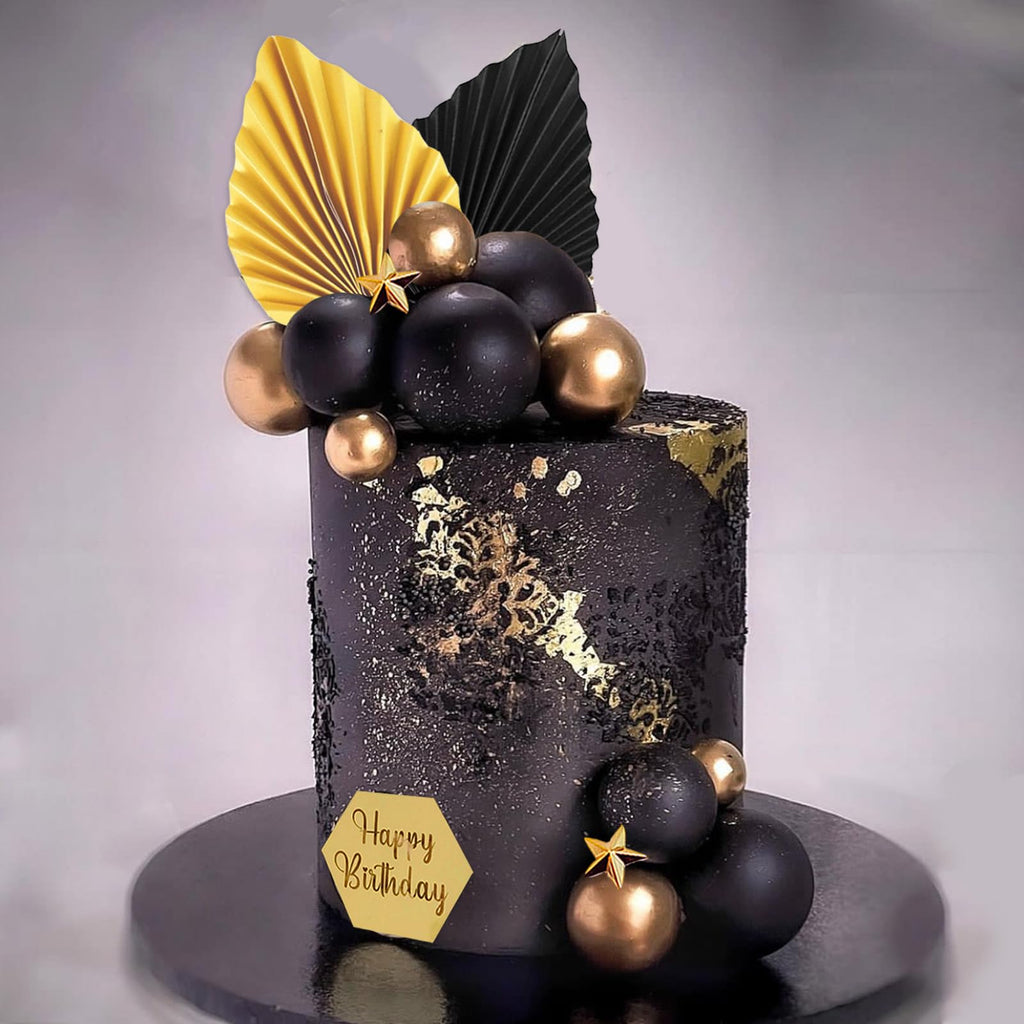 44-Piece Black and Gold Cake Topper Set with Balls, Palm Leaves, Acrylic Numbers 0-9 for Birthday Party Supplies