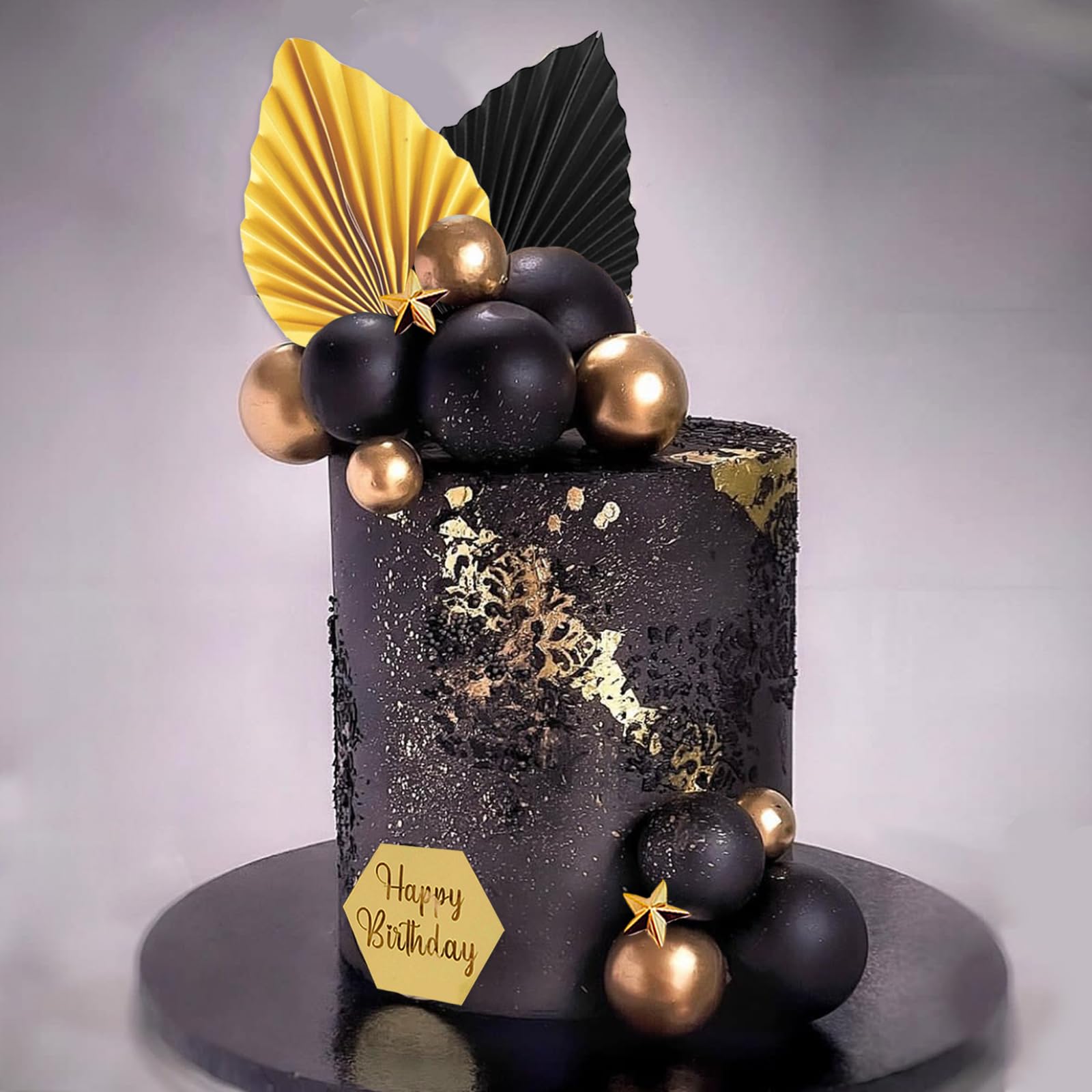 44-Piece Black and Gold Cake Topper Set with Balls, Palm Leaves, Acrylic Numbers 0-9 for Birthday Party Supplies