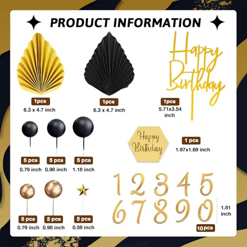 44-Piece Black and Gold Cake Topper Set with Balls, Palm Leaves, Acrylic Numbers 0-9 for Birthday Party Supplies