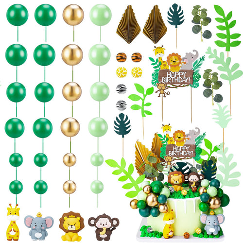 44-Piece Jungle Safari Animal Cake Toppers Set – Elephants, Giraffes, Lions, Monkeys & Tropical Leaves