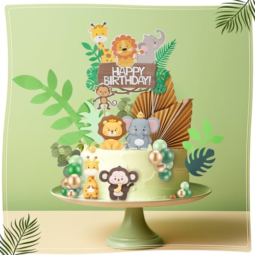 44-Piece Jungle Safari Animal Cake Toppers Set – Elephants, Giraffes, Lions, Monkeys & Tropical Leaves