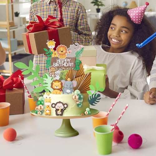 44-Piece Jungle Safari Animal Cake Toppers Set – Elephants, Giraffes, Lions, Monkeys & Tropical Leaves