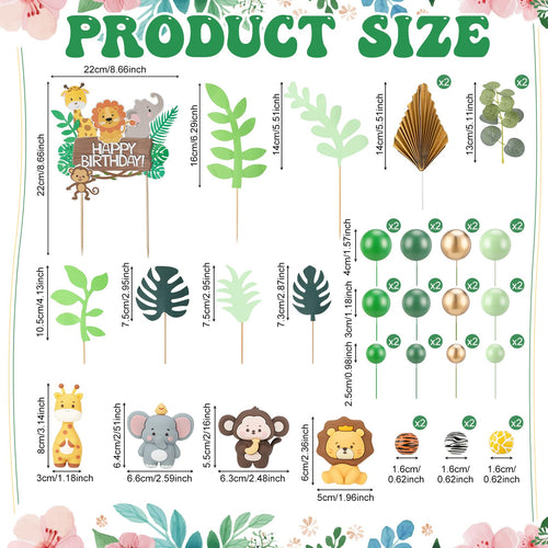 44-Piece Jungle Safari Animal Cake Toppers Set – Elephants, Giraffes, Lions, Monkeys & Tropical Leaves