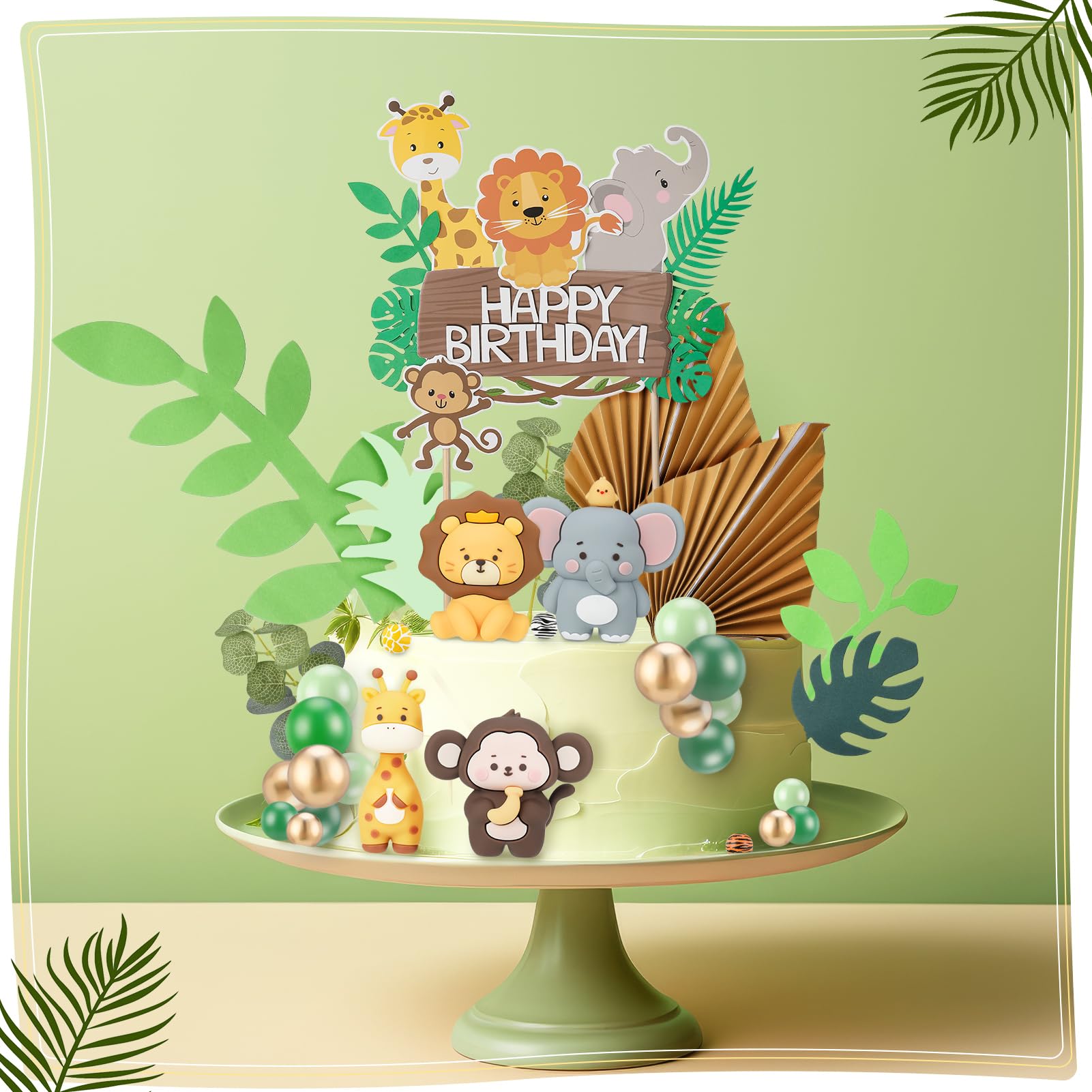 44-Piece Jungle Safari Animal Cake Toppers Set – Elephants, Giraffes, Lions, Monkeys & Tropical Leaves