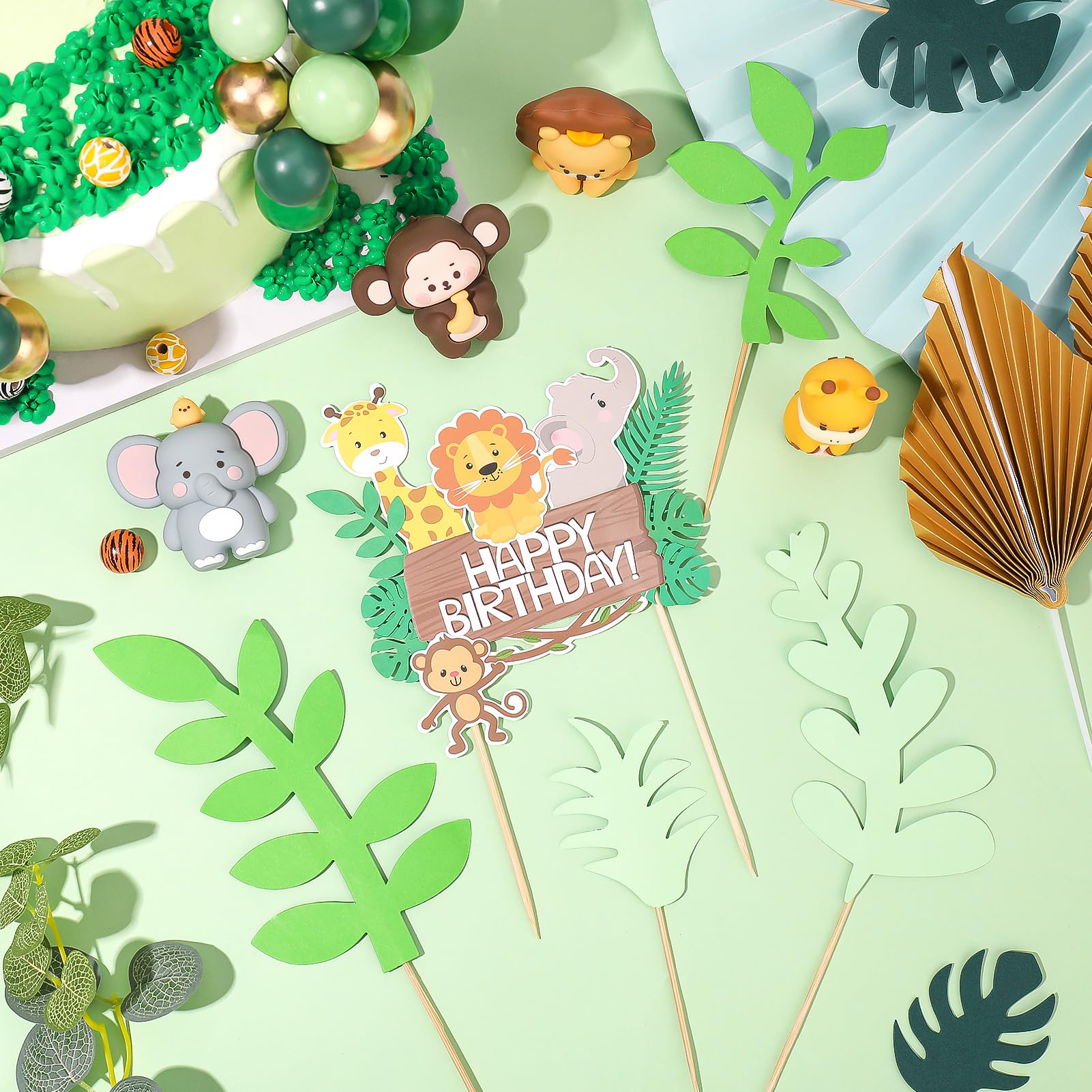 44-Piece Jungle Safari Animal Cake Toppers Set – Elephants, Giraffes, Lions, Monkeys & Tropical Leaves