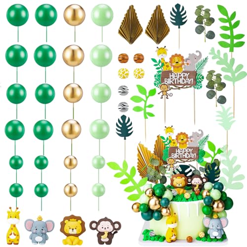 44-Piece Jungle Safari Animal Cake Toppers Set – Elephants, Giraffes, Lions, Monkeys & Tropical Leaves