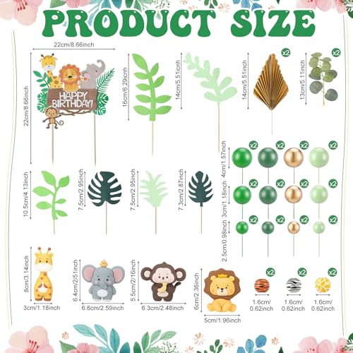 44-Piece Jungle Safari Animal Cake Toppers Set – Elephants, Giraffes, Lions, Monkeys & Tropical Leaves