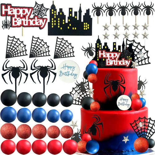 44-Piece Spider Cake Topper Set by Tyotrbs – Hero-Themed Cake Decorations with Spiders, Webs, Stars, and Balls
