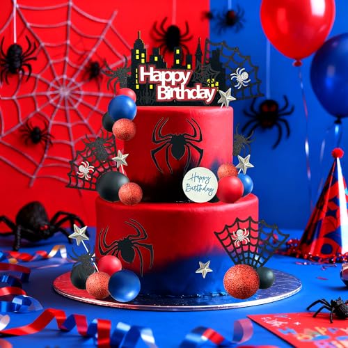 44-Piece Spider Cake Topper Set by Tyotrbs – Hero-Themed Cake Decorations with Spiders, Webs, Stars, and Balls