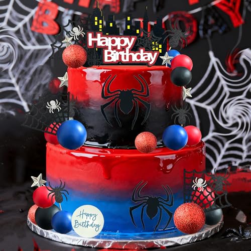 44-Piece Spider Cake Topper Set by Tyotrbs – Hero-Themed Cake Decorations with Spiders, Webs, Stars, and Balls