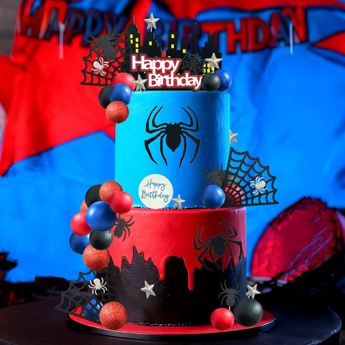 44-Piece Spider Cake Topper Set by Tyotrbs – Hero-Themed Cake Decorations with Spiders, Webs, Stars, and Balls