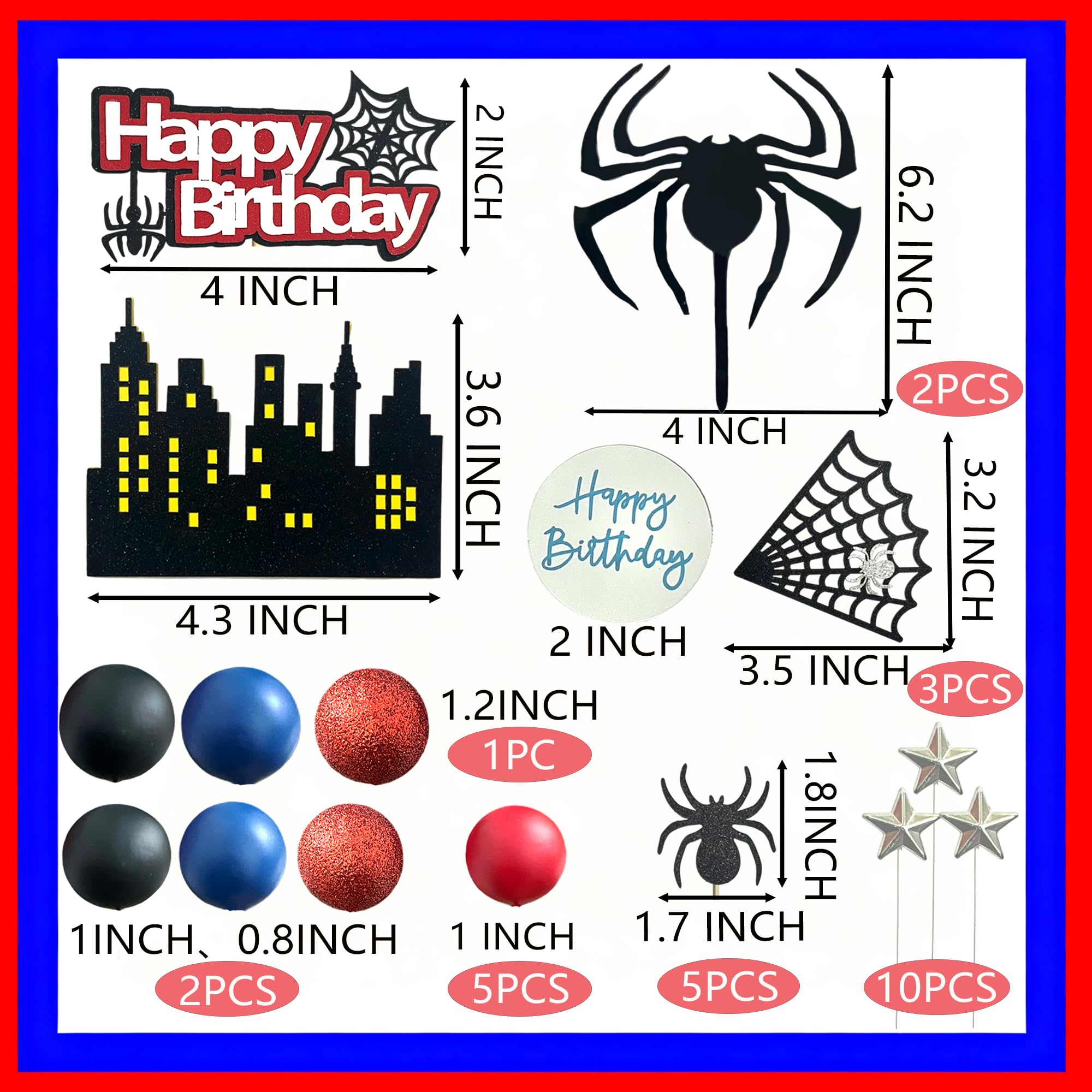 44-Piece Spider Cake Topper Set by Tyotrbs – Hero-Themed Cake Decorations with Spiders, Webs, Stars, and Balls