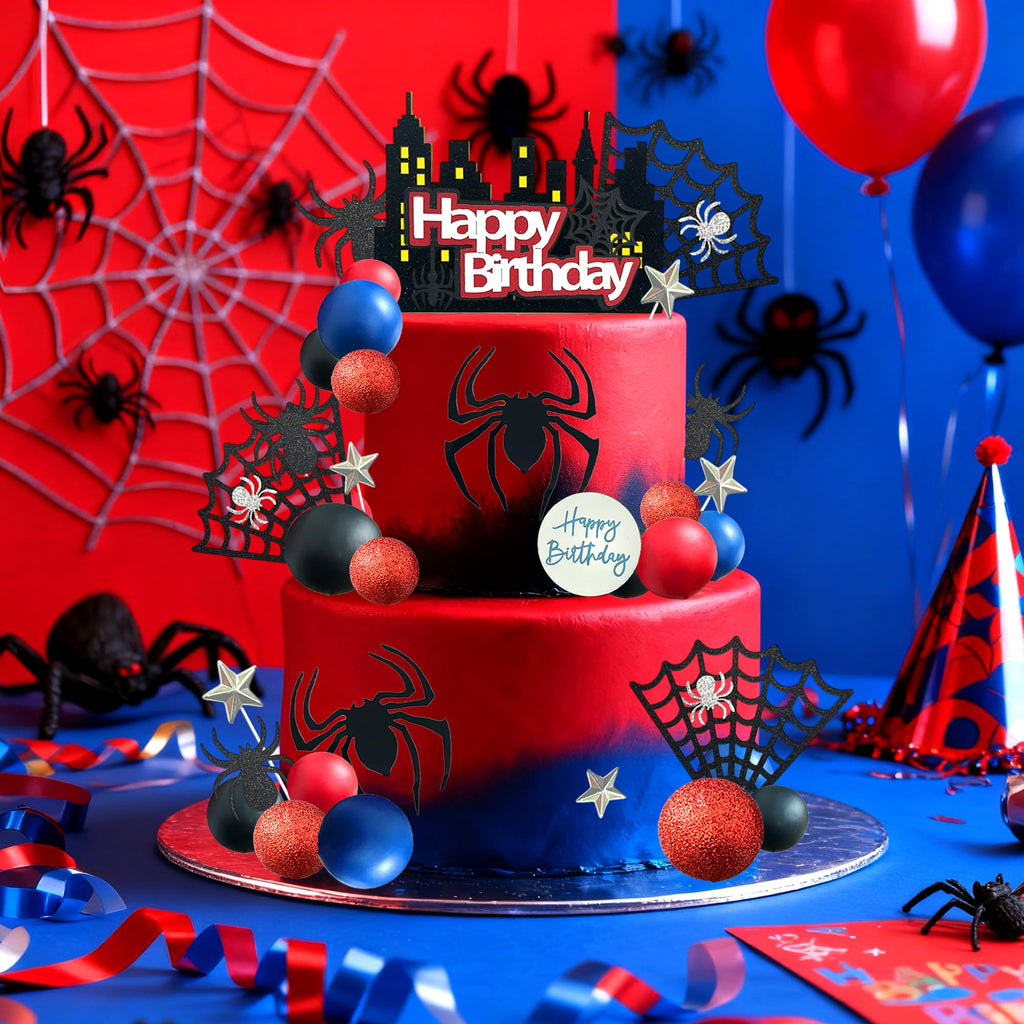 44-Piece Spider Cake Topper Set by Tyotrbs – Hero-Themed Cake Decorations with Spiders, Webs, Stars, and Balls