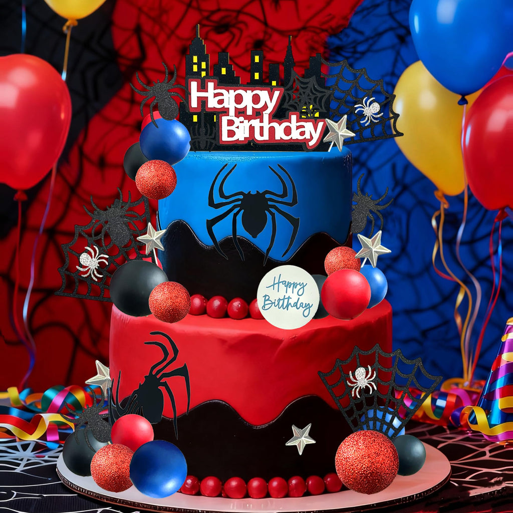 44-Piece Spider Cake Topper Set by Tyotrbs – Hero-Themed Cake Decorations with Spiders, Webs, Stars, and Balls