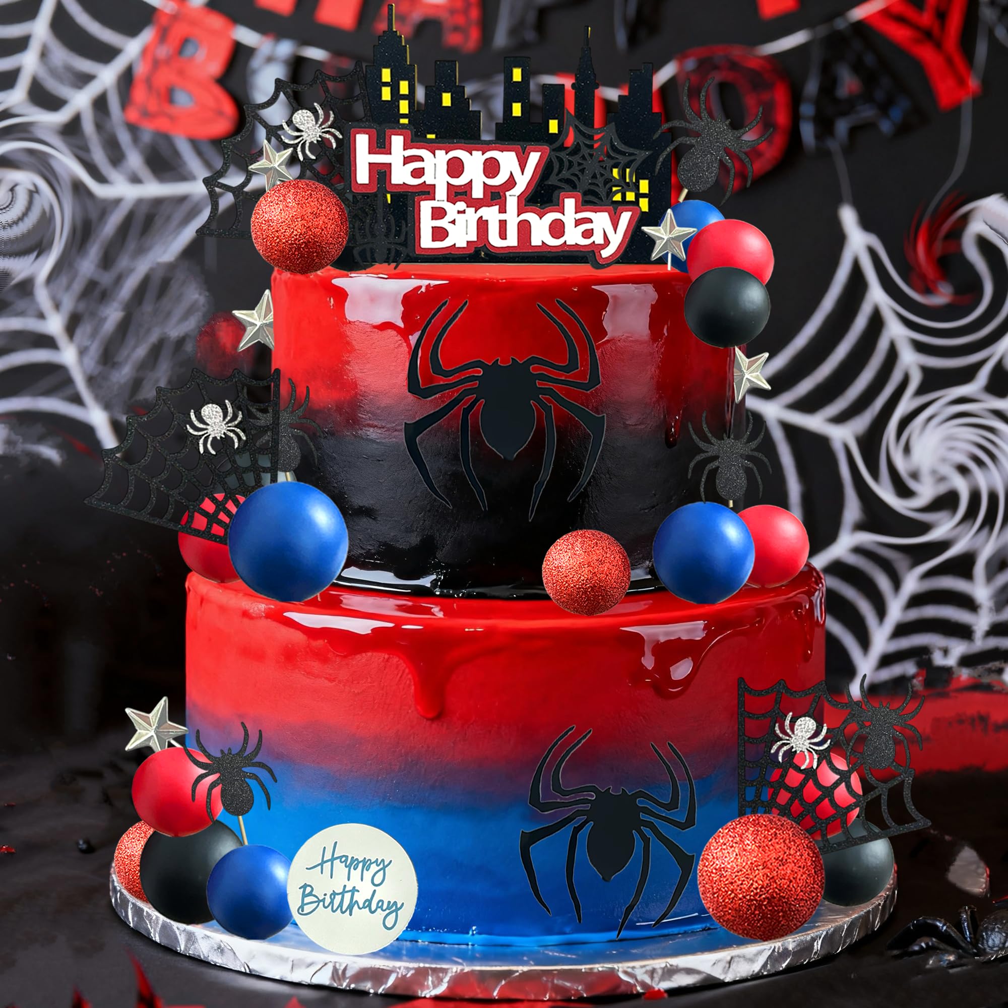 44-Piece Spider Cake Topper Set by Tyotrbs – Hero-Themed Cake Decorations with Spiders, Webs, Stars, and Balls
