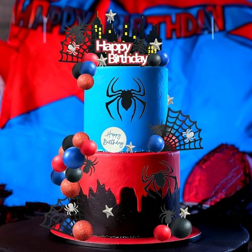44-Piece Spider Cake Topper Set by Tyotrbs – Hero-Themed Cake Decorations with Spiders, Webs, Stars, and Balls