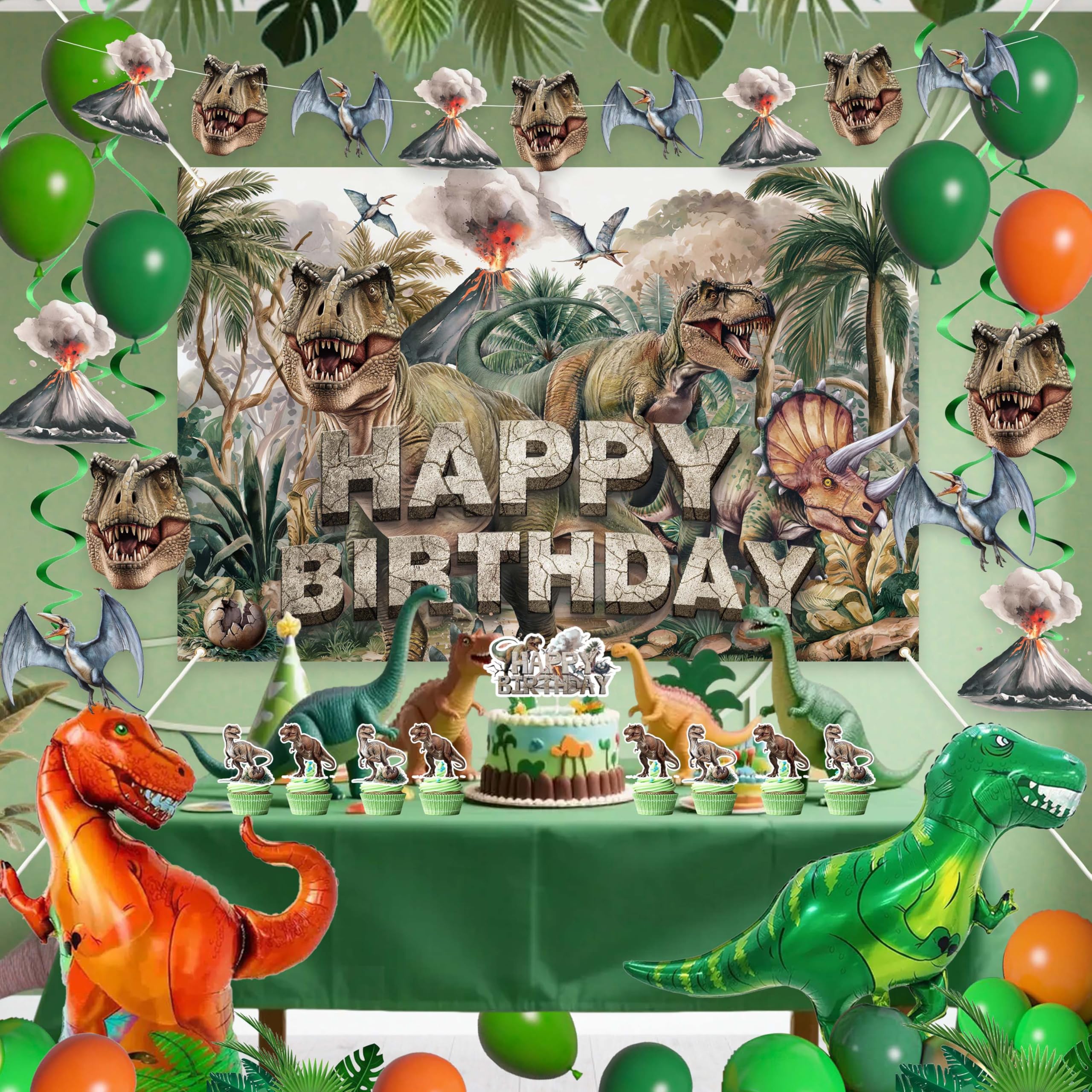 45-Piece Dinosaur Birthday Party Decorations Set – Backdrop, Balloons, Tablecloth & Cake Toppers